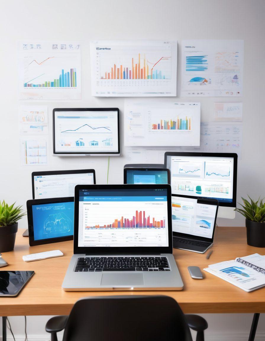 A modern blogger surrounded by various digital devices like a laptop, tablet, and smartphone, showcasing graphs and analytics on their screens. The background features a bright workspace with tech gadgets and inspirational quotes on the walls, symbolizing success and innovation. Include elements like cloud-storage icons and digital resource symbols floating around. ultra-modern. vibrant colors. clean design.