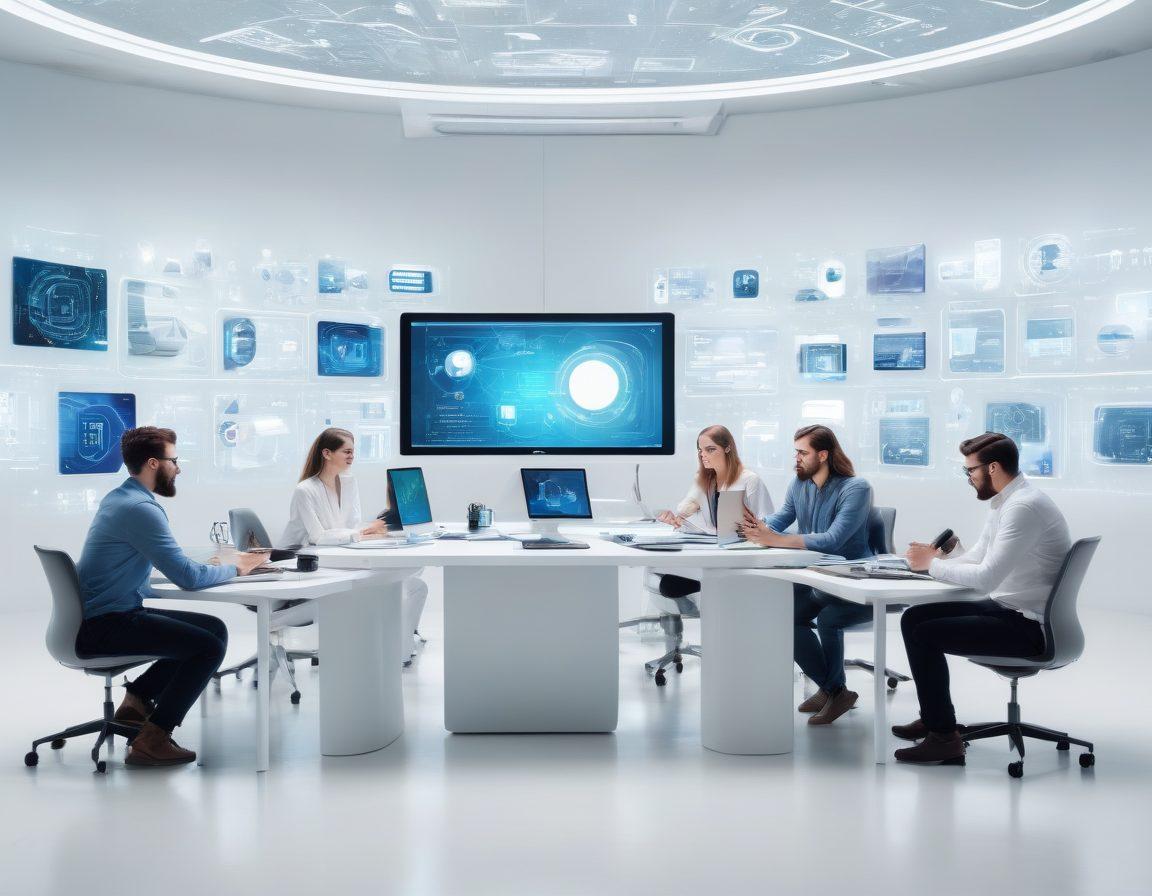 A futuristic workspace filled with high-tech gadgets and digital tools, showcasing a diverse group of bloggers collaborating enthusiastically at holographic screens. Include bright icons representing various online resources like SEO, analytics, and social media. The scene is vibrant and engaging, symbolizing innovation and creativity in the blogging world. surrealism. vivid colors. white background.