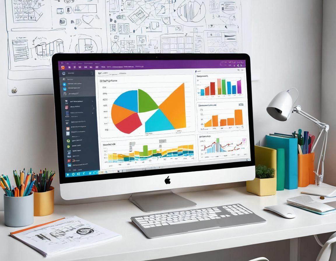 A dynamic workspace showcasing a computer screen displaying a blog interface filled with interactive elements like sliders and comment sections. Surrounding the screen, there are colorful icons representing content management tools, such as graphs and charts, emphasizing ease of use and engagement. Include notes and sketches illustrating ideas for enriching blog experiences. Soft, modern colors with a hint of creativity. vector art. vibrant colors.